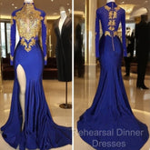 Long Sleeves Blue Gold Semi Formal Prom Dresses  Side Slit Evening Gowns